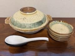 未使用品 土鍋セット お皿5枚 レンゲ 受け皿 取り皿 花 三島手風 緑 陶器のサムネイル