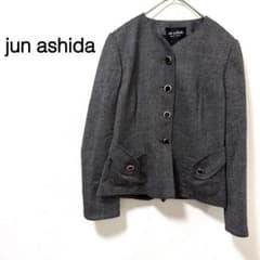 jun ashida ジュンアシダ　ツイード　ノーカラージャケット　ネイビー　9 ジュンアシダ】ノーカラージャケット ウール キュプラ 日本製 グレー
