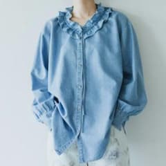 新品】北欧暮らしの道具店 技ありフリルのデニムブラウス ブルー