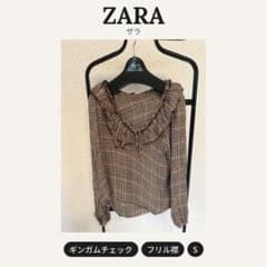 ZARA ザラ ギンガムチェック フリル ブラウス S ボルドー 秋冬のサムネイル