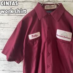 90s CiNTAS シンタス 半袖ワークシャツ L ワインレッドワッペンのサムネイル