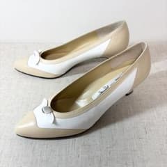 極美品☆銀座かねまつ バイカラー パンプス ポインテッドトゥ リボン