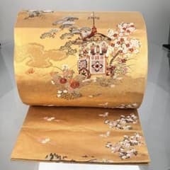 【本色屋着物】西阵织 御所車 草花文様 金糸 袋帯 G88