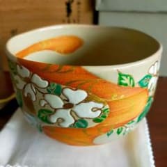 真作】光琳水「花水木絵」抹茶碗☆京焼 伝統工芸士 三代中村秋峰作 共