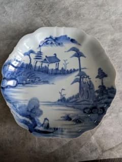 染付 山水人物図 輪花皿 骨董品 - メルカリ
