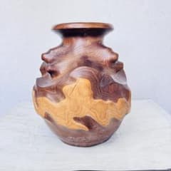 極美品】北海道特産銘木 手造り『緑寿乃壺』木彫 花器 縁起物 優良道
