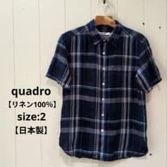 quadro クオドロ【日本製】リネン100％ チェック 半袖シャツ メンズ 青 