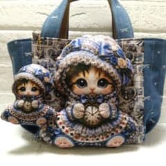 みけねこちゃん☆ころりんトートバッグ ハート柄＆デニムリボン アリス