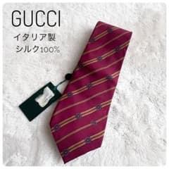 美品】GUCCI グッチ ネクタイ 赤系 ボルドー ゴールドライン GG柄