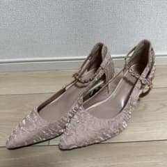 【値下げ】結婚式　レース　アンクルストラップ パンプス　ピンク　Lサイズのサムネイル