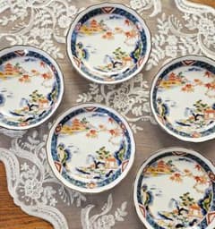 有田焼 古伊万里 色絵 山水吉祥文様 大喜陶苑 輪花 小皿 5枚セット