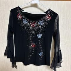 社交ダンス トップス 黒 蝶々 ラインストーン シースルー袖　美品ですＭサイズのサムネイル