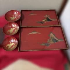 金蒔絵　木製盆 お盆 木杯 金蒔絵 鶴 ツル 美術品 アンティーク 工芸品 キッチン
