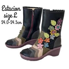 Estacion エスタシオン 花 フラワー 本革 ミドルブーツ 黒 L - メルカリ