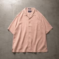 50s デザイン オープンカラー レーヨンシャツ サーモンピンク 開襟 短丈 90s シルク×リネン 短丈 サーモンピンク オープンカラーシャツ 開襟