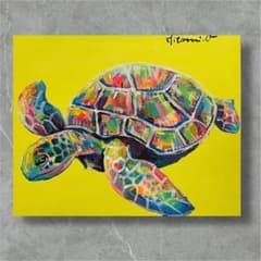 カラフルなウミガメの原画 キャンバス アート 現代アート 動物画 海