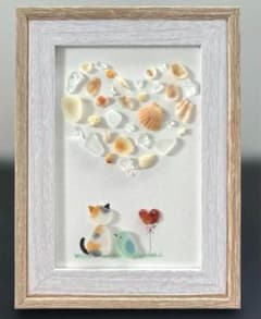 シーグラスアート　猫　小鳥　ハート（ピンク系）　ヒーリングアートのサムネイル