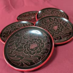 天然木製】伝統漆器 牡丹彫 沈朱 銘々皿 5客セット 15cm 菓子皿 - メルカリ