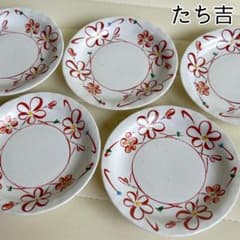 たち吉 赤絵花紋 粉引き 小皿揃 5枚セット 銘々皿 取り皿 和食器 色絵