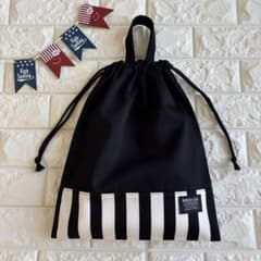 体操着袋★お着替え袋　ブラック×ブラックストライプ　ワッペン付