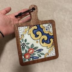 撮影用インテリア小物 レトロタイル×木製 飾りボード／キッチンインテリア ③のサムネイル