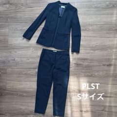 PLST ネイビー パンツスーツ 上下セット ノーカラー ストレッチ - メルカリ