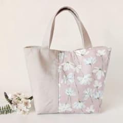 北欧調水彩花柄　くすみピンク　ミニトートバッグ　ランチバッグ　ハンドメイド