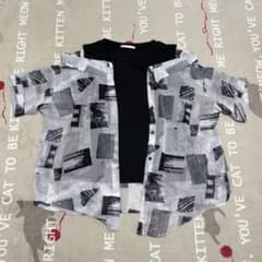 【重ね着風】レディースオープンショルダー 総柄シャツ 肩あき 半袖 ブラックのサムネイル