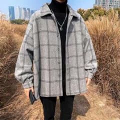 メンズファッション 長袖 シンプル チェック柄 アウターL グレー　春秋　韓国のサムネイル
