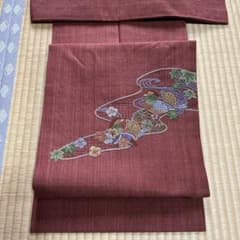 名古屋帯 紬地 鴛鴦 楓 汕頭刺繍 臙脂色のサムネイル