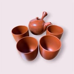 常滑焼 黒泥急須 朱泥湯呑み セット 茶器 骨董 アンティーク 常滑焼】朱泥 茶器セット 急須 湯呑み4客 般若心経・和歌 彫刻刻字