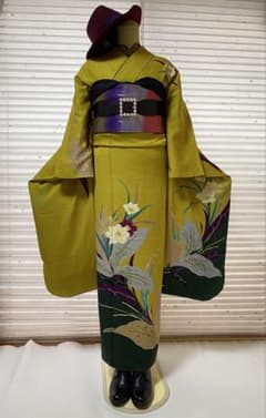 振袖 黄緑色 花柄 モダンデザイン振袖フルセット 草履 バック ブーツ 
