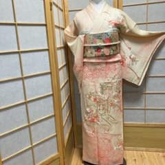 7534］訪問着 美品 御所車花文様 総絞り 金銀糸 駒刺繍 正絹 着物 袷