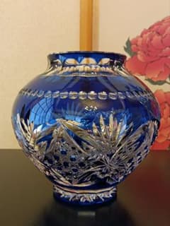江戸切子 カガミクリスタル 木村秋男作 花瓶 ブルー クリスタルガラス