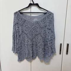 スモーキーブルー 花柄 かぎ編み 七分袖トップスのサムネイル