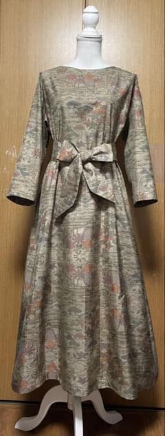 着物リメイク 大島のAラインワンピース リボン(共布紐ベルト)付き