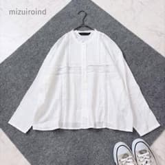 美品✨ mizuiroind ピンタック レース コットンブラウス ノーカラー 