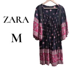 ZARA ザラボヘミアン柄 タッセル Vネック ワンピース M 総柄のサムネイル