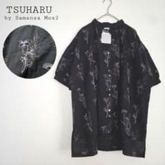 タグ付き TSUHARU ツハル 総柄刺繍ギャザーブラウス 綿麻 BK チビ襟 