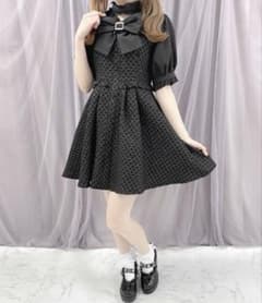 ビジューリボン付き 半袖ミニワンピース ブラックのサムネイル