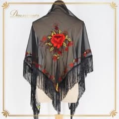 フラメンコ衣装】ブラック シージョ マントン 黒 レース 透け感 薔薇