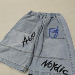 デニム ハーフパンツ 手形プリント ウエストゴム