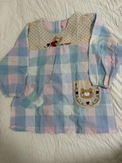 くま 刺繍 長袖エプロン パステルチェックのサムネイル