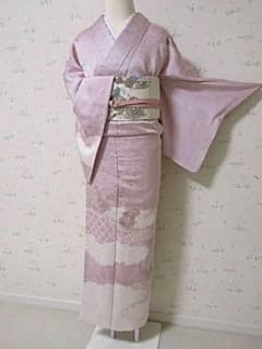 訪問着：美品：刺繍の花と絞り扇面：ピンク色：トールサイズ：袷正絹：Q10 訪問着：美品：絞りと金彩と刺繍の花～スイートピンク色「高島屋」袷