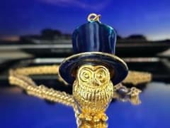 송료 포함 블루 실크 모자를 쓴 골드 올빼미 펜던트 / 앤틱 스타일