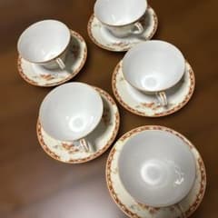 最終処分特価レアオールドノリタケ同時期ライバル会社？カップ&ソーサー五客薄手生地 アンティークカップ＆ソーサー五客セットシェイプカップオールド