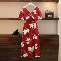 花柄ワンピース レッド Vネックのサムネイル