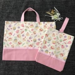 スイーツ柄×無地ピンク♡レッスンバック×シューズバッグ♡のサムネイル