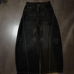 ブラック ダメージ加工 ワイドパンツ ヴィンテージ風 バルーンシルエット デニムのサムネイル