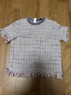 ZARA WOMAN 半袖ニット M フリンジ付き マルチカラーのサムネイル